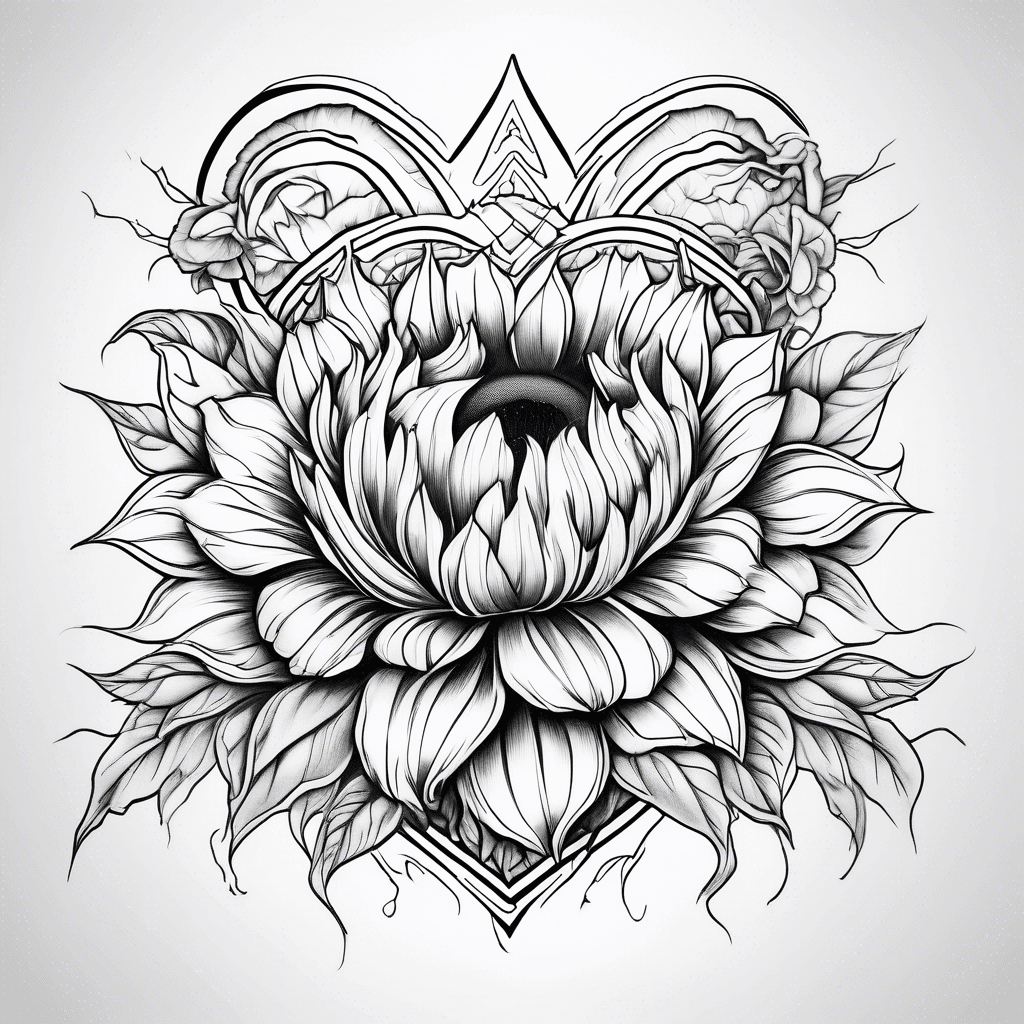 amercian traditionalist heart tattoo with a sunflower on the top left