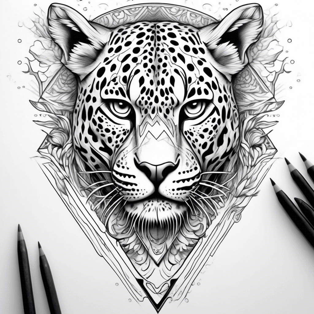 Create a tattoo with a realistic jaguar face that is framed within a downward-pointing triangle. Surrounding the outer edges of this triangle are stylized lines forming a flowing river These lines flow gracefully and culminate at the bottom apex of the triangle, transforming into a cascading waterfall. The water appears to pour directly from the triangle's point. From behind the jaguar and the triangle, a corona of sharp, elegant sun rays radiates outwards and upwards. These rays could be a mix of longer, defining lines and shorter, more subtle ones, creating a powerful burst of light.