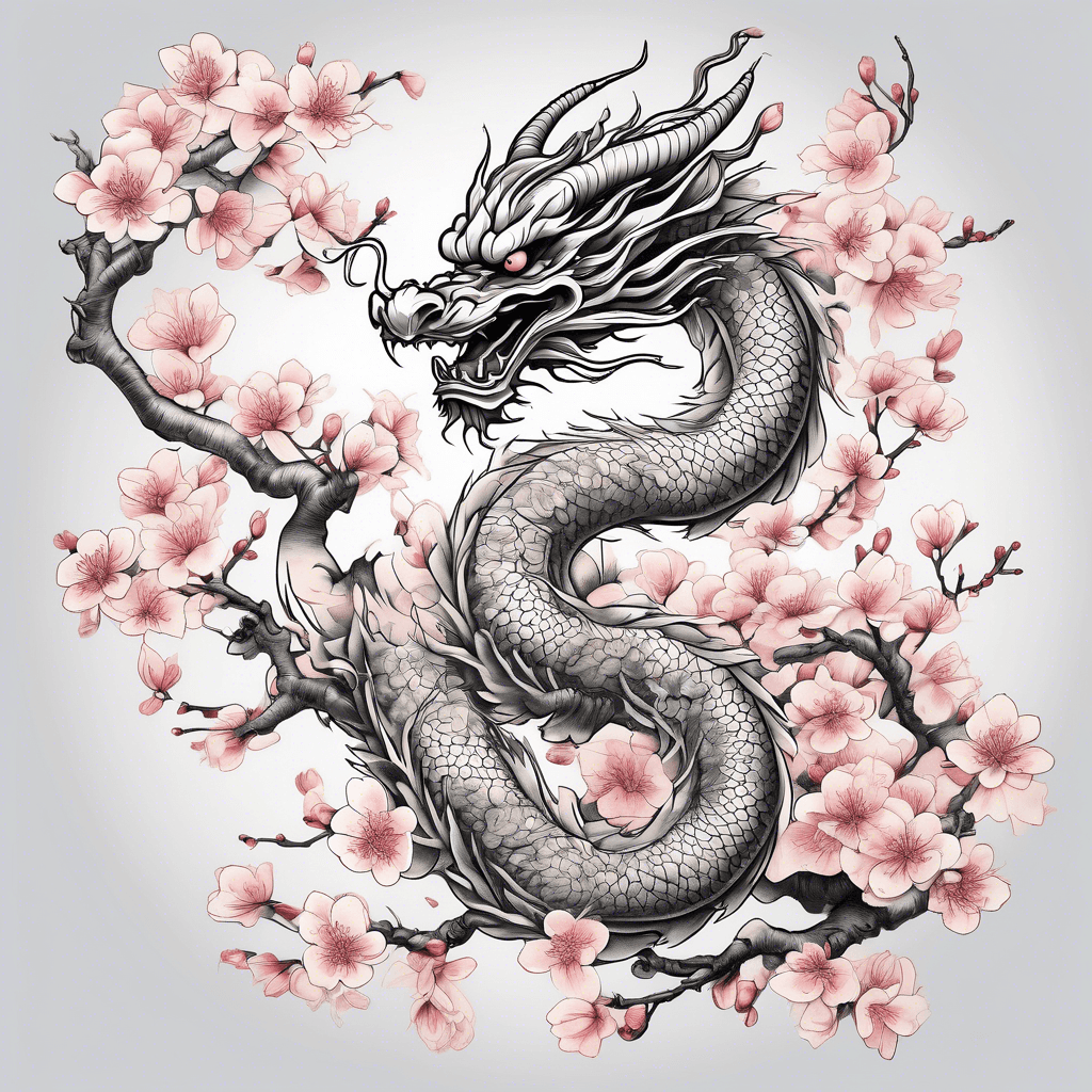 a s shape chinese dragon flying through cherry blossoms
