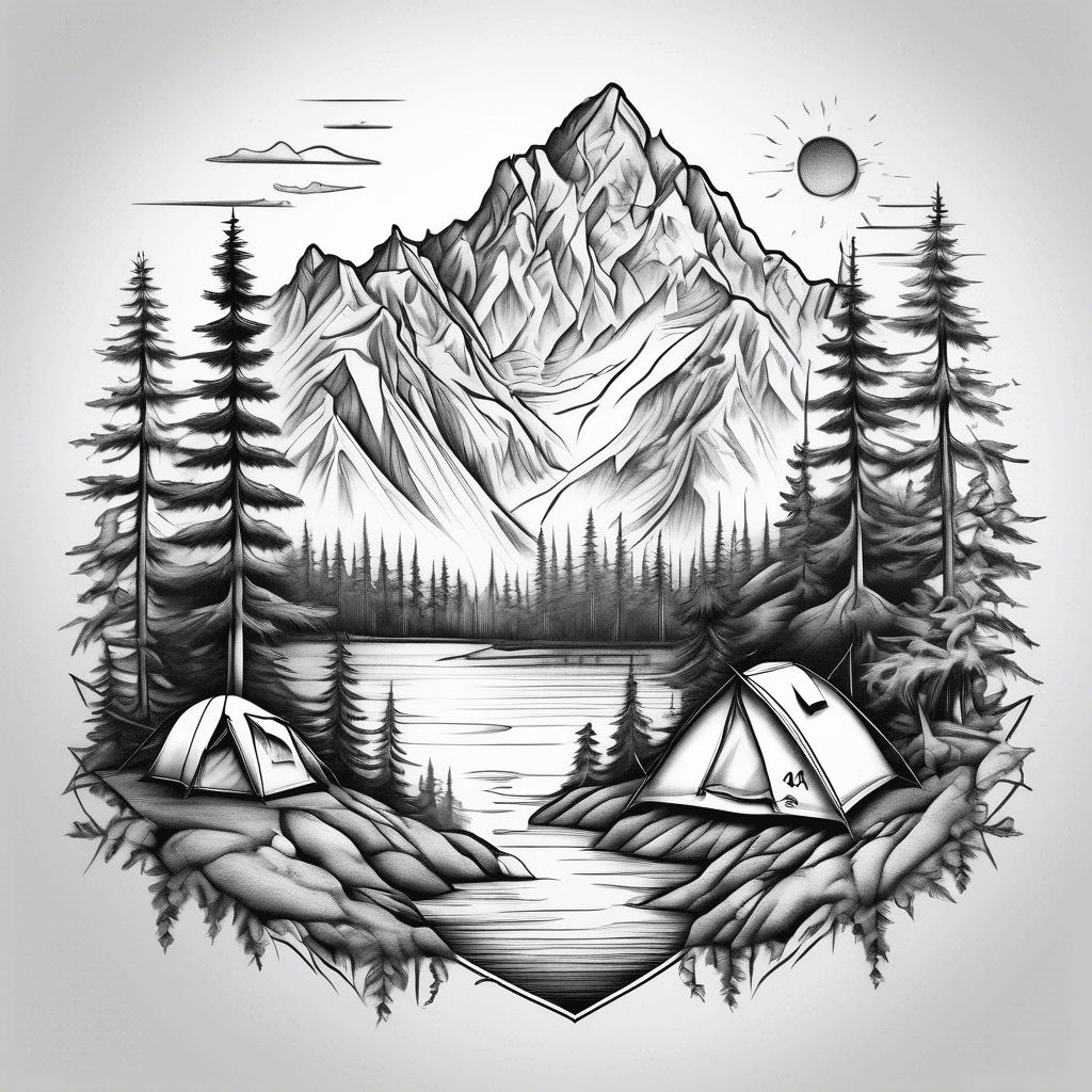 Mountains with lake, forrest, small tent, campfire and flagpole with one swiss flag.