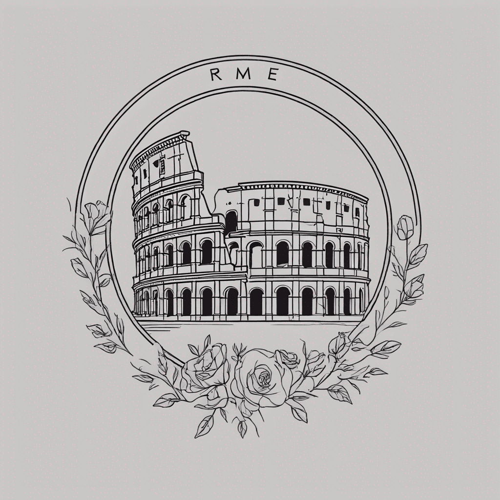 A postal stamp inside the stamp a picture Symbolizing Rome, and the Colosseum, with flowers