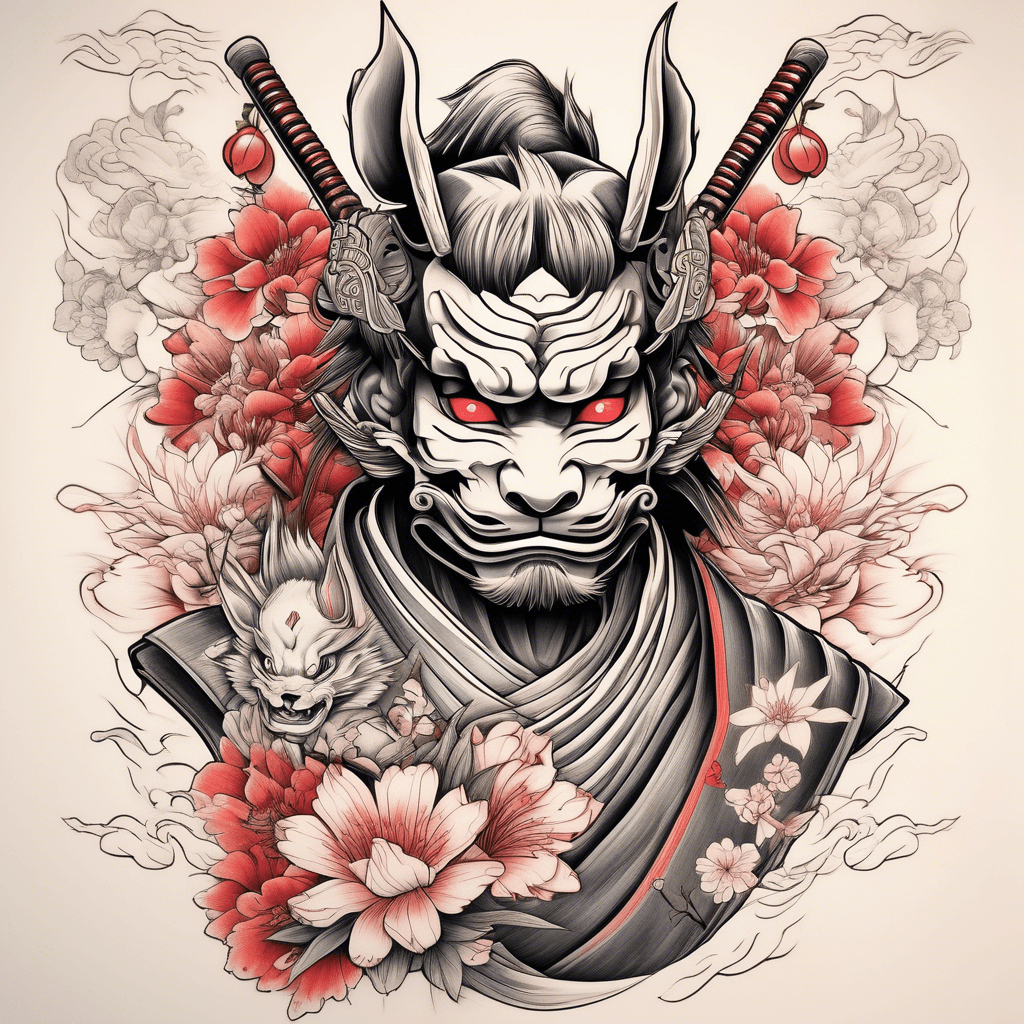 samurai with flowers and kitsune for the arms