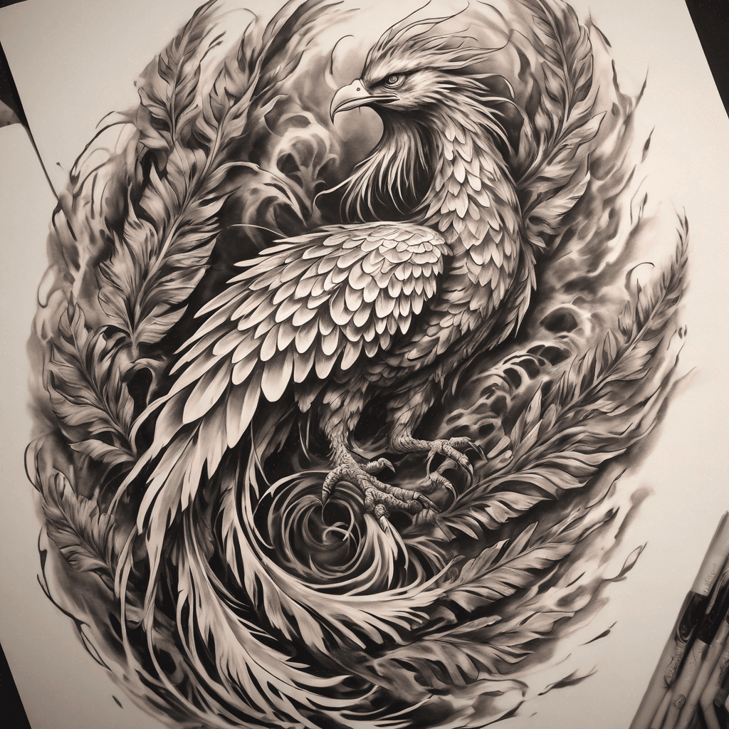 A fierce phoenix entwined around a stylized Koru staff, vibrant feathers blending with spiraling fern motifs, symbolizing rebirth and growth.