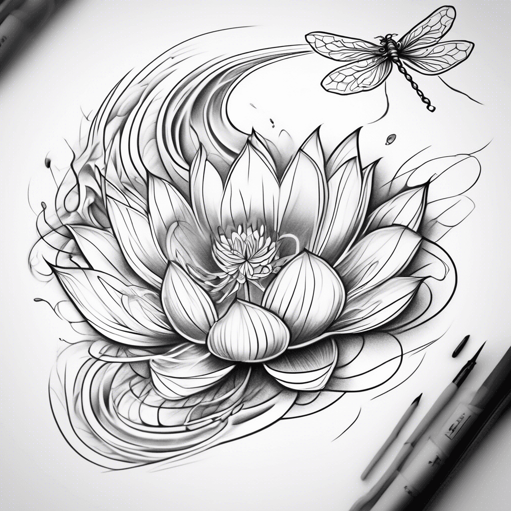 Across collar bone lotus flower with extended waves shadows wind like shadowing and lines with dragon fly going with the wind