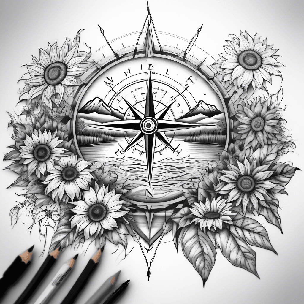 compass rose with lake and mountains and sunflowers
