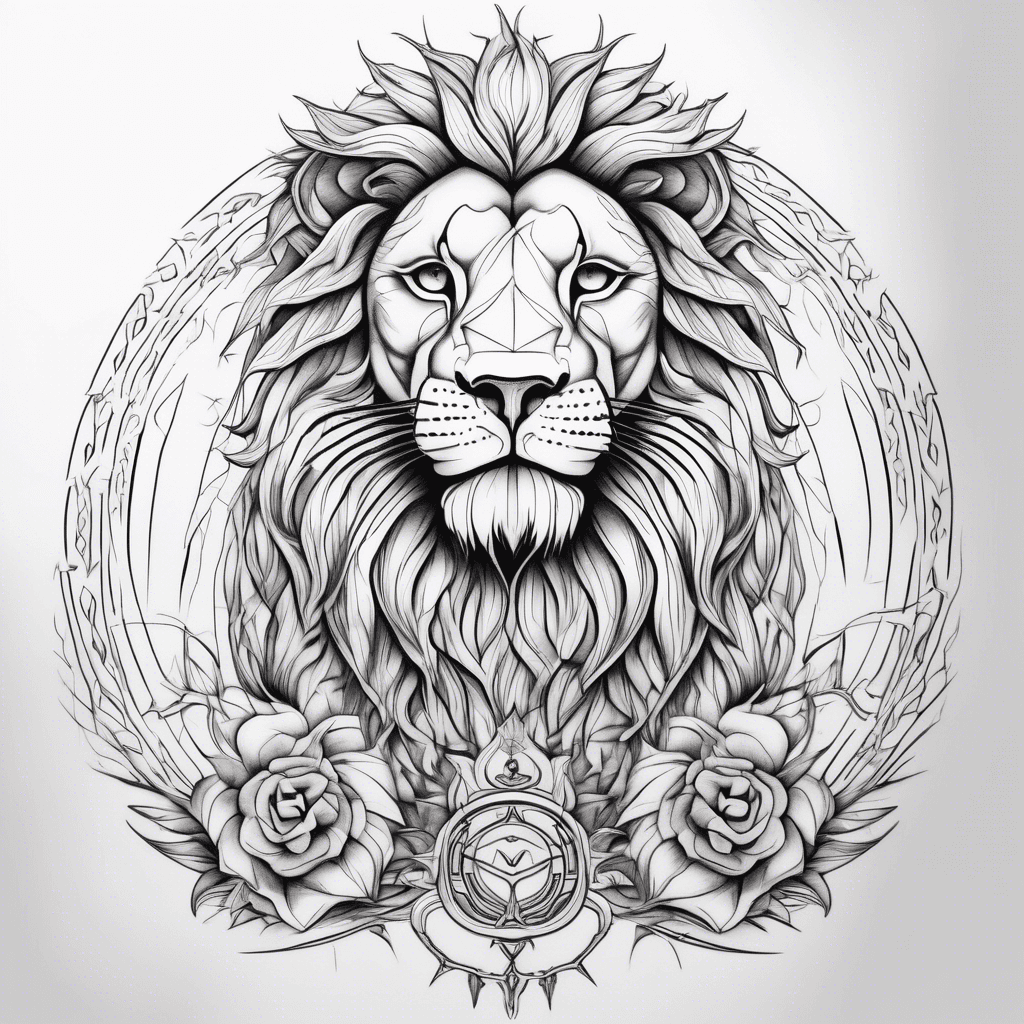 Calm lion with a khanda over its eye
