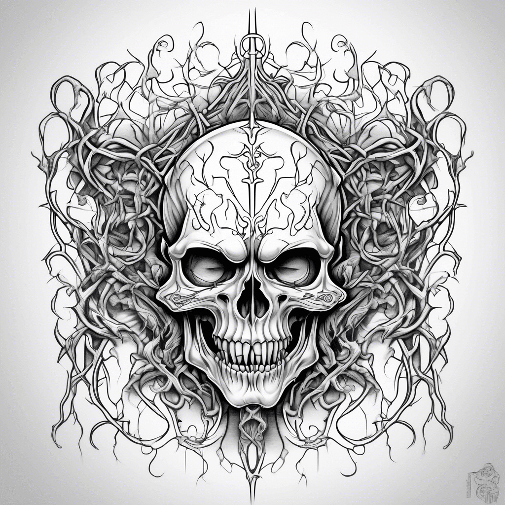 cybersigil style tendrils and vines, with a vampire skull with fangs and mouth open.