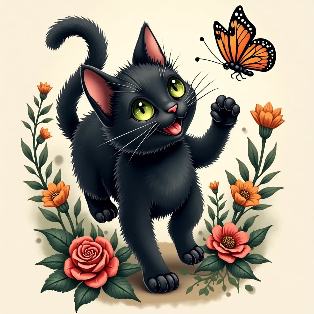 A playful black cat with bright green eyes, joyfully chasing a colorful butterfly through a whimsical garden.
