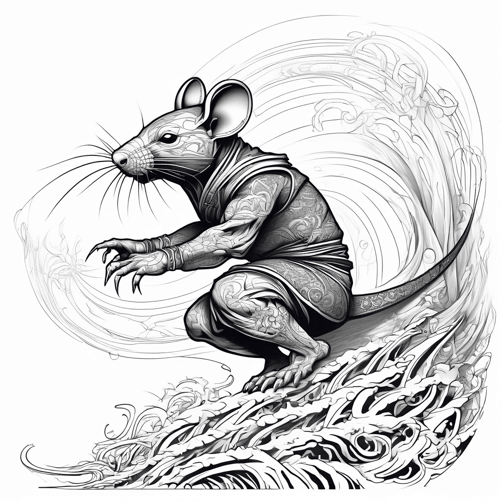 Full body side view of a strong ethereal ninja rat, its body blending into waves