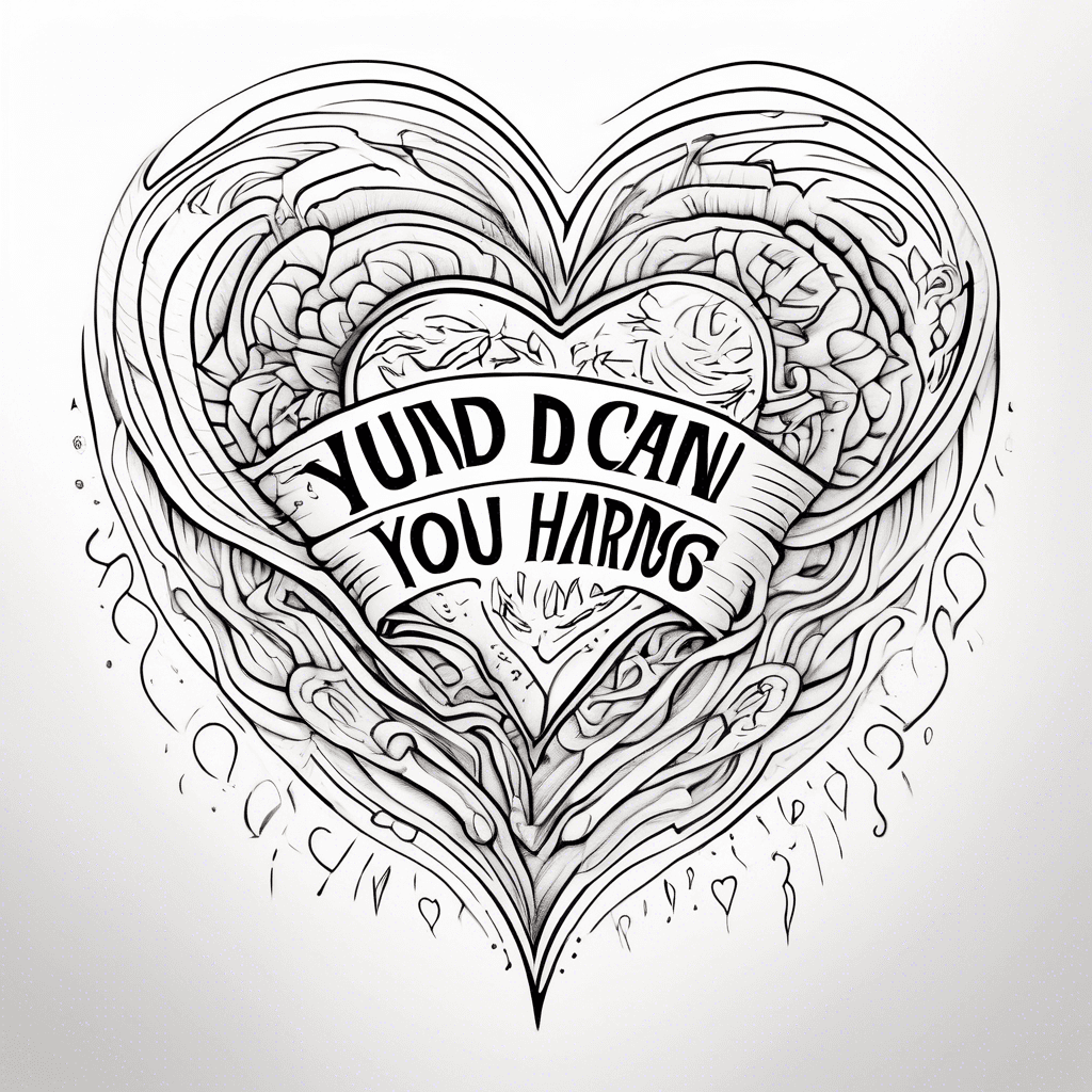 "you can do hard things" in a simple curvy text inside one lined thin curvy sharp heart that cuts off, opens, the text gets longer, flows out the hearts open cuts. minimalistic simple