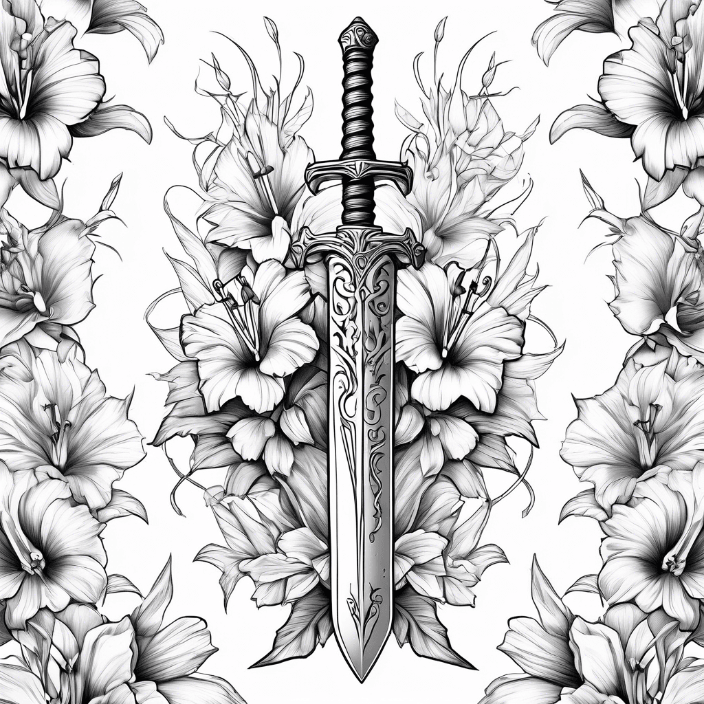 A sword with Gladiolus and holly flowers wrapping around the blade