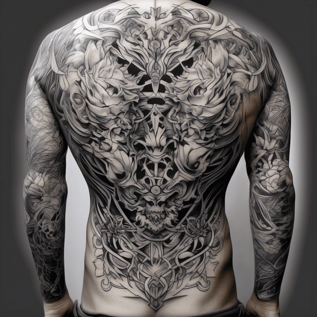 make a yakuza tattoo for back and one full sleeve and show the front and back of the tattoo make into template of the tattoo