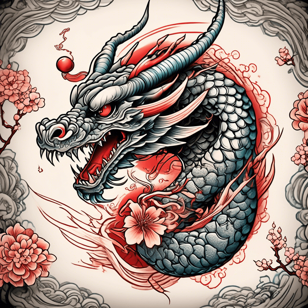 A fierce dragon some hieroglyphics with a curly tail