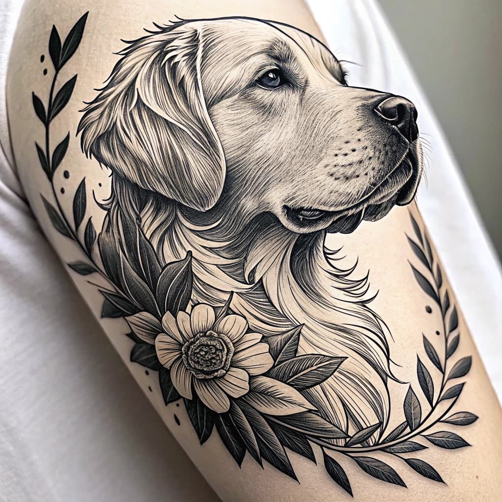 "Craft a tattoo of a wise and dignified Golden Retriever dog"