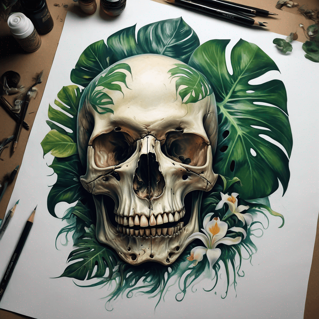 a human skull from the side covered with big Huge monstera leaves white lotus flowers and a hiding snake