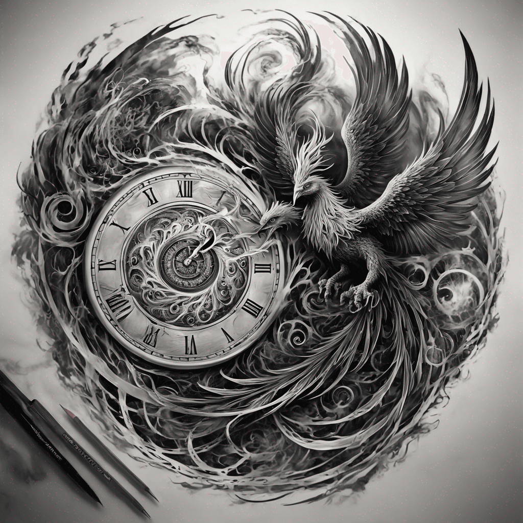 A Koru clock at top, transforming into a fierce phoenix with outstretched wings, claws gripping a mystical staff below.