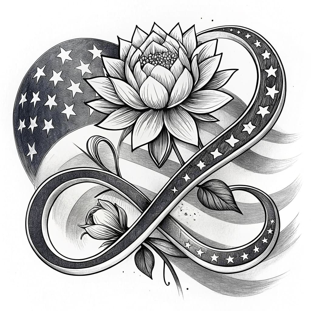 infinity symbol can represent eternal love, delicate flower lotus intertwined through it, signifying bravery and beauty that last