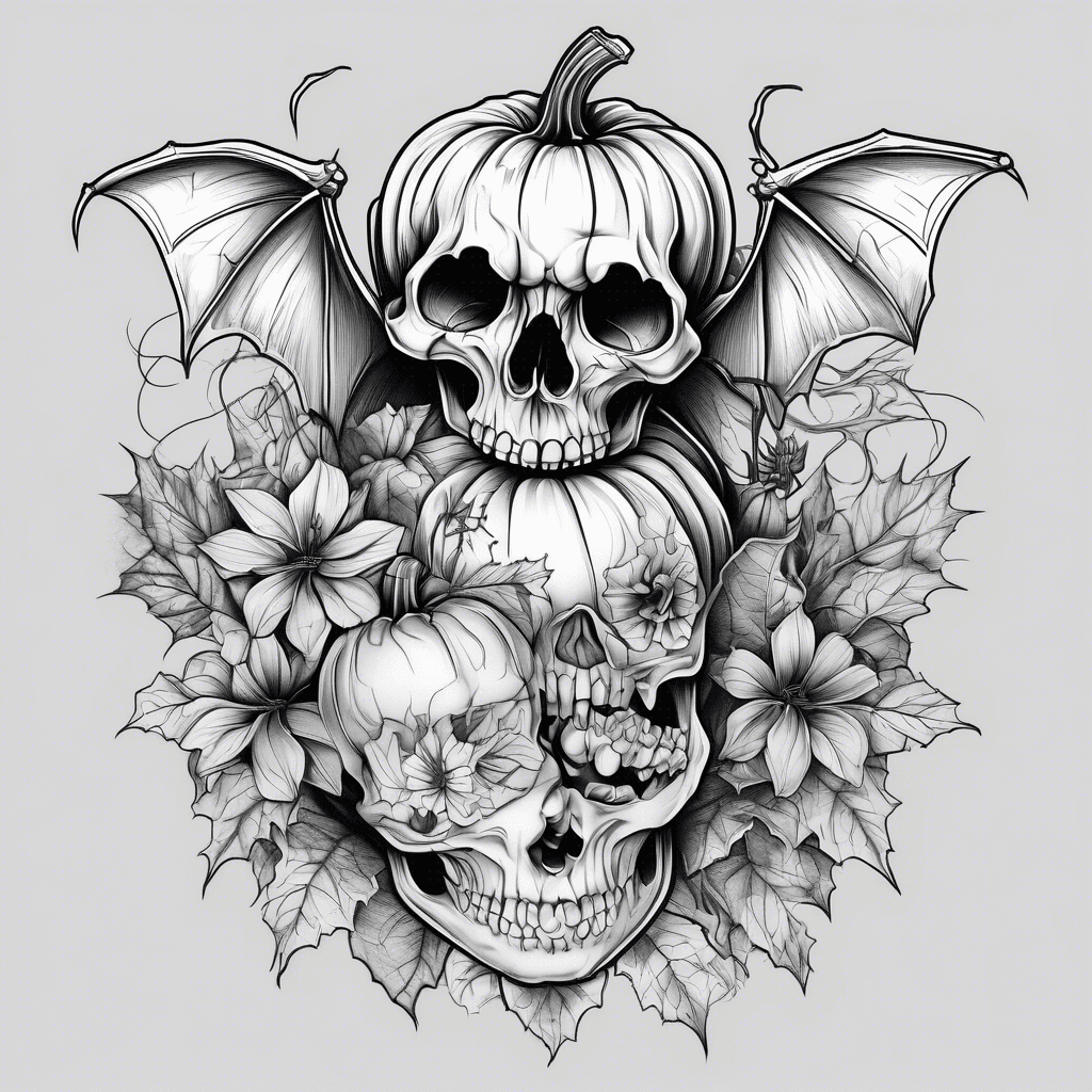 Feminine tattoo with skulls, bats and pumpkin