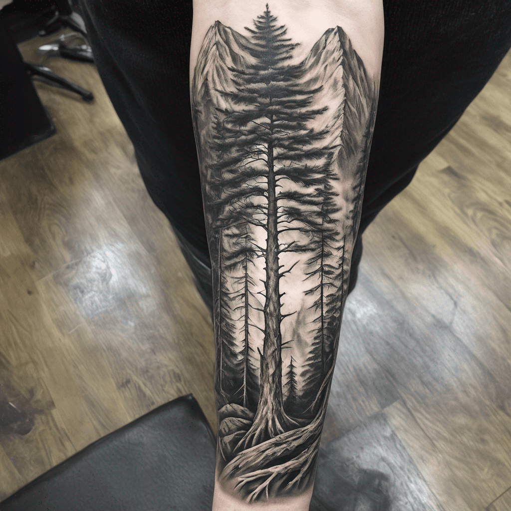 Black and gray realistic half-sleeve forearm tattoo. Main focal point is a tall pine tree with extensive roots in the foreground. The roots subtly shape into the initials "SD", "CD", "AD", and "GD" in an organic, natural way. Include a winding path through the forest, distant mountain range, a calm body of water, and a small firepit with glowing orange flames near the roots. Add a few birds in flight above. Designed to wrap naturally around the forearm with flow and balance.