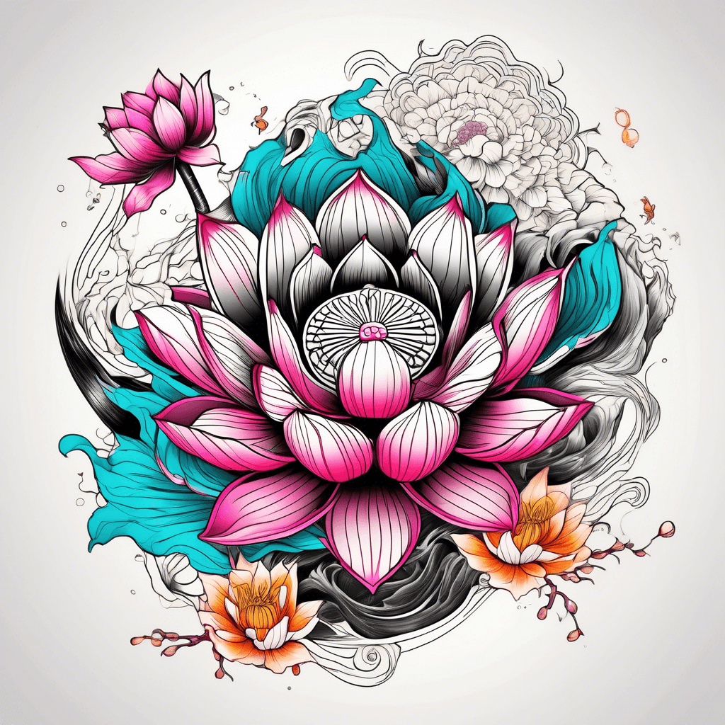 several black lotus flowers with amber, turquoise and magenta color scheme
