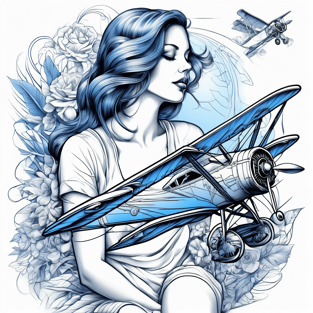 A bi-plane, a woman sitting on the wing of the plane and a blue bird