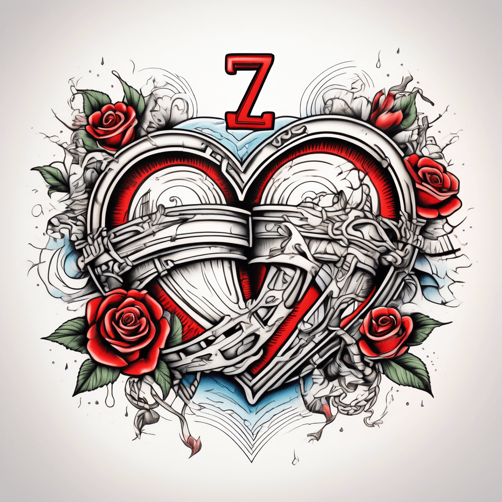 Two hearts with a bridge in the middle incorporating the number 74 and 93