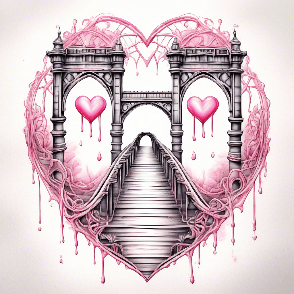 Intricate bridge design with two intertwined pink hearts embedded in the arches, symbolizing eternal love and connection, with delicate detailing.