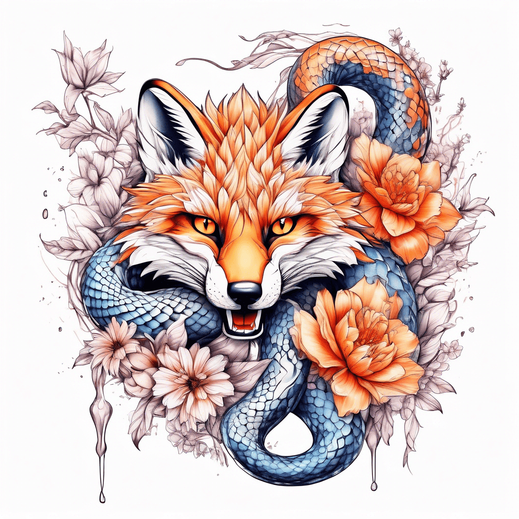 Color delicate snake and fox with flowers