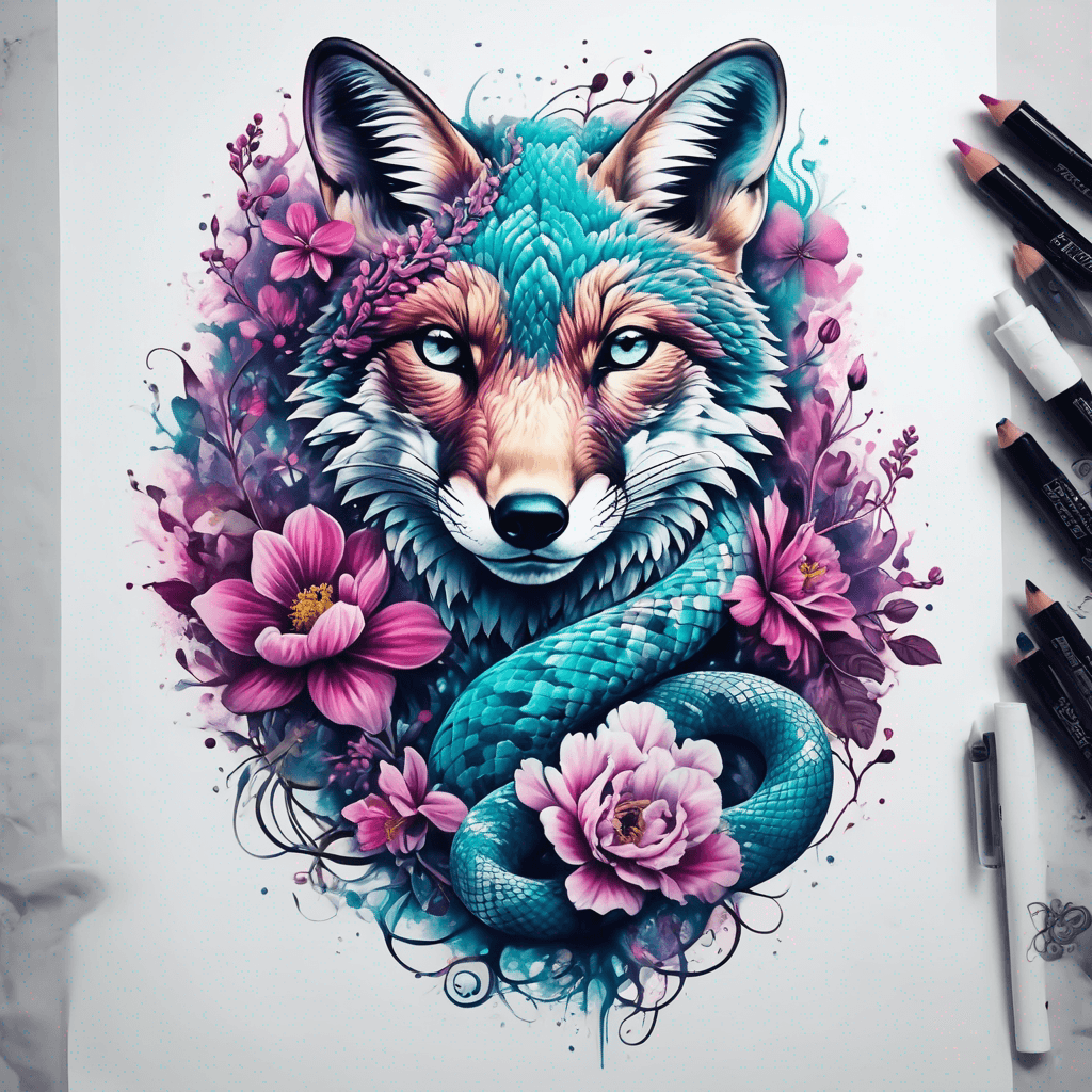 Color feminine snake and fox with flowers
