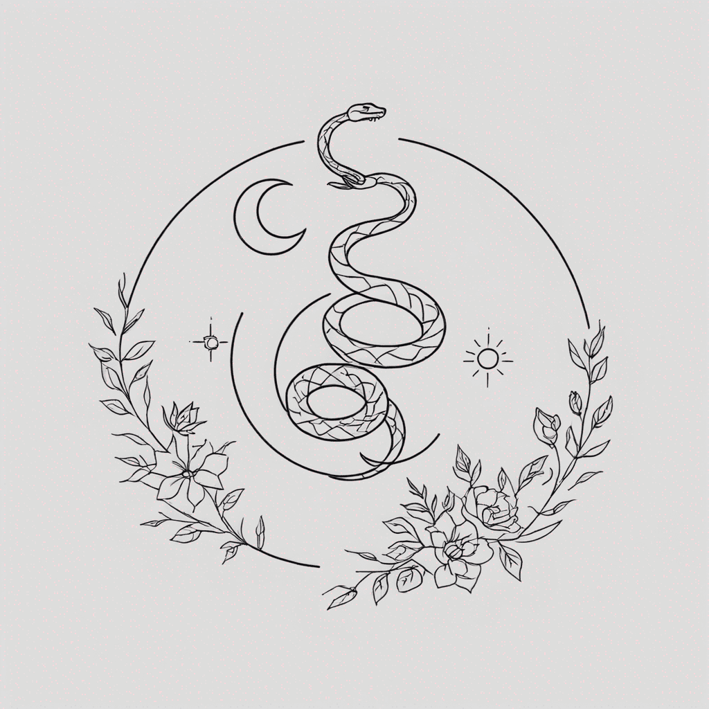 Snake with flowers and sun and moon in a circle