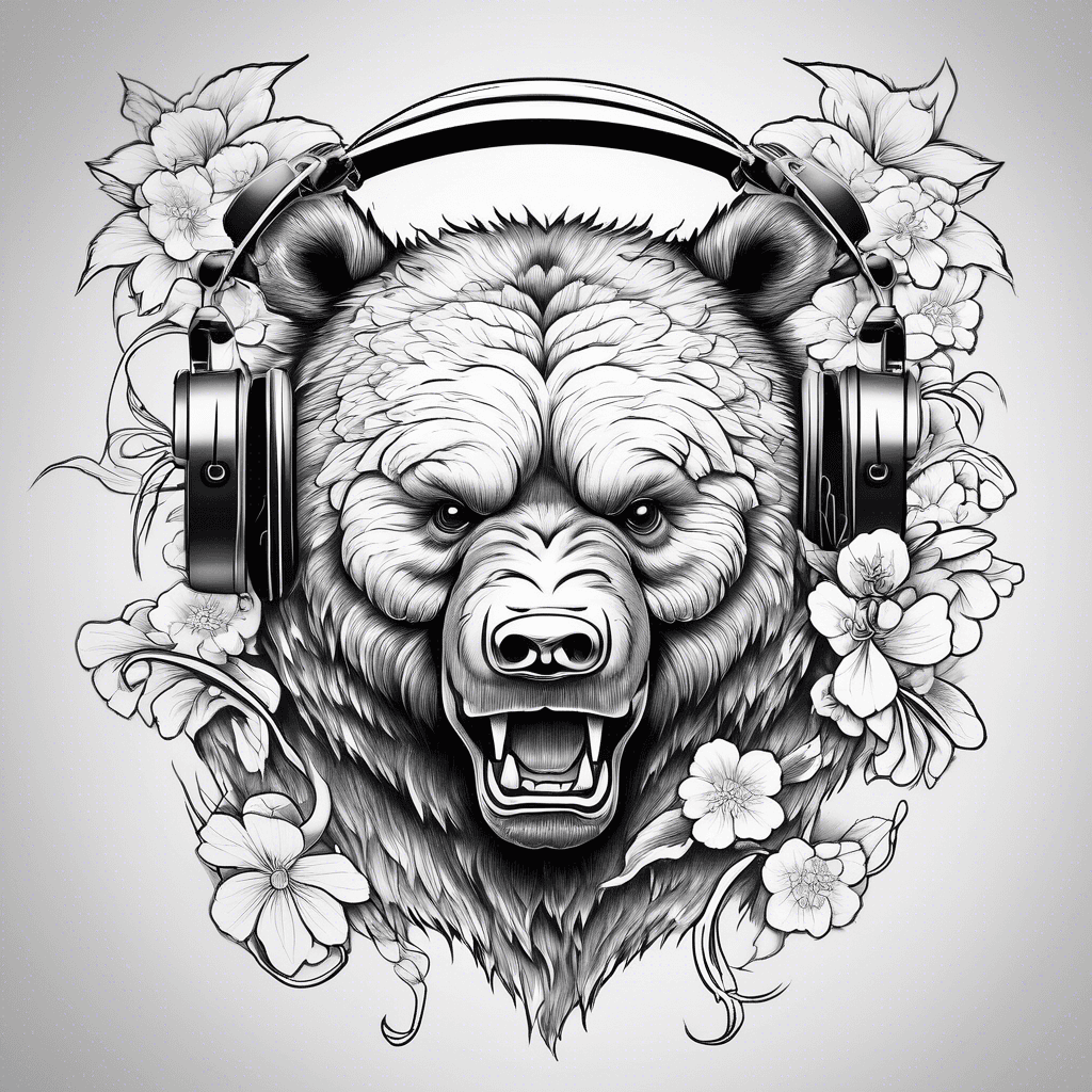 Japanese style angry bear head with headphones on. The design should be black white and red mostly.