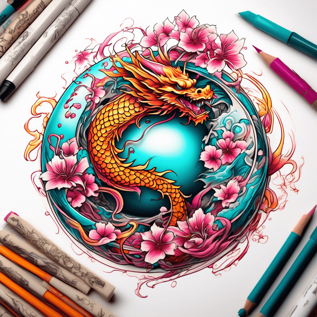 spherical abstract shapes in color scheme of fiery amber and turquoise shaded to magenta with highlights and shadows