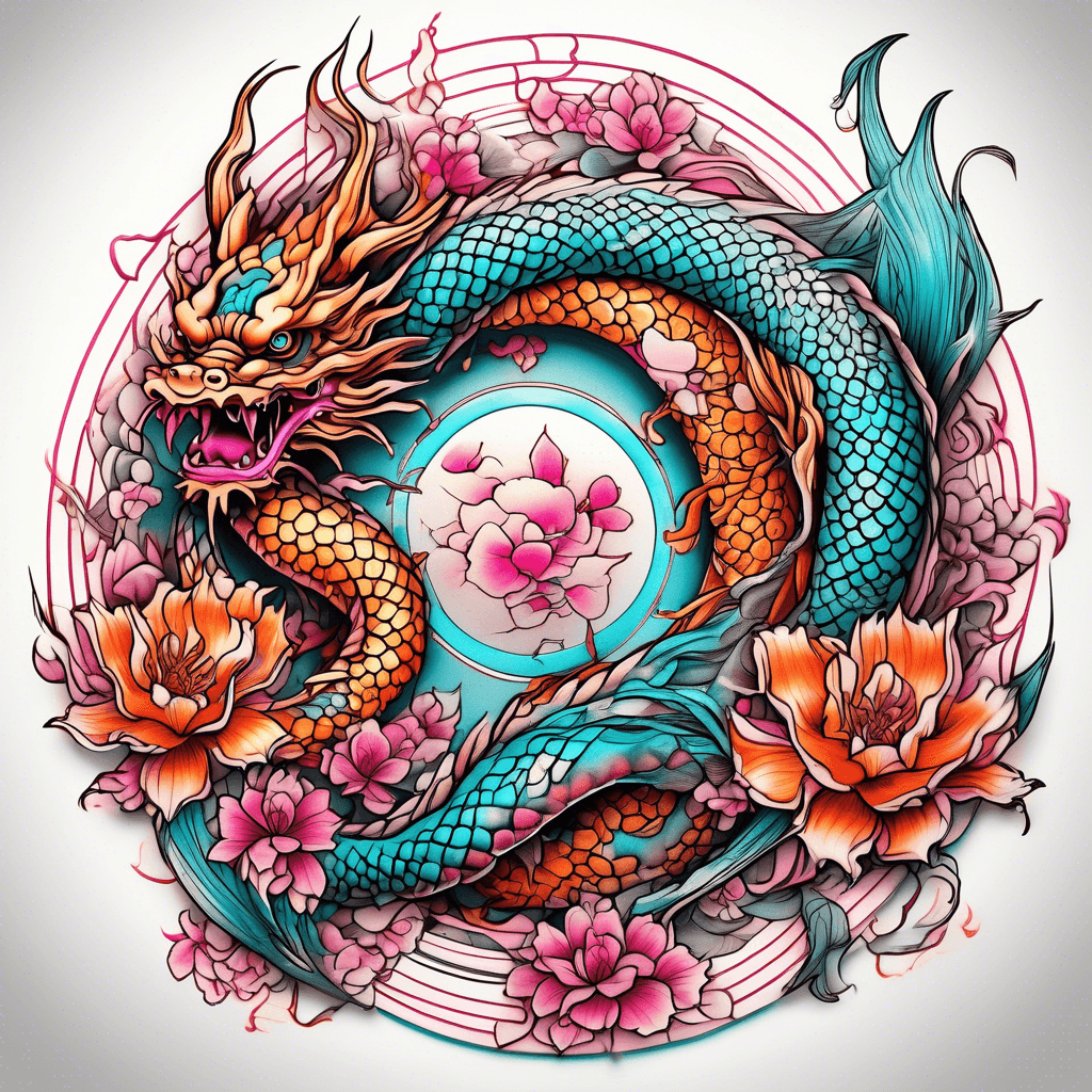 round geometrical shapes in color scheme of fiery amber and turquoise shaded to magenta with highlights and shadows