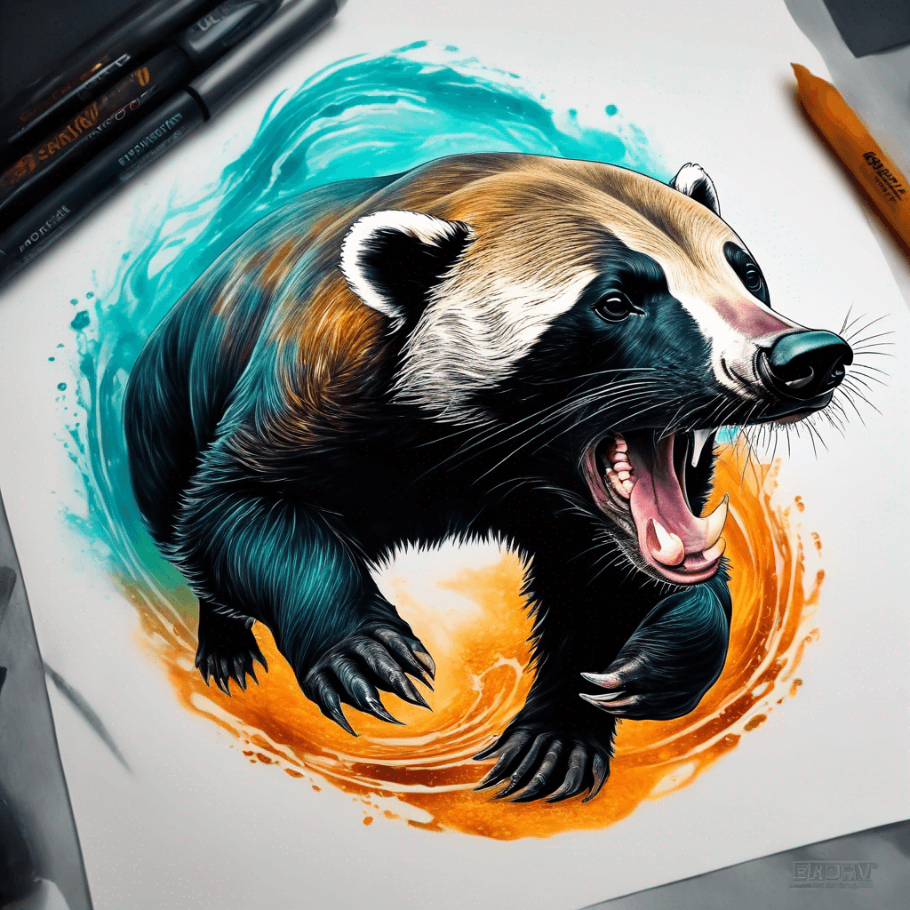 honey badger in color scheme of fiery amber and turquoise shaded with highlights and shadows