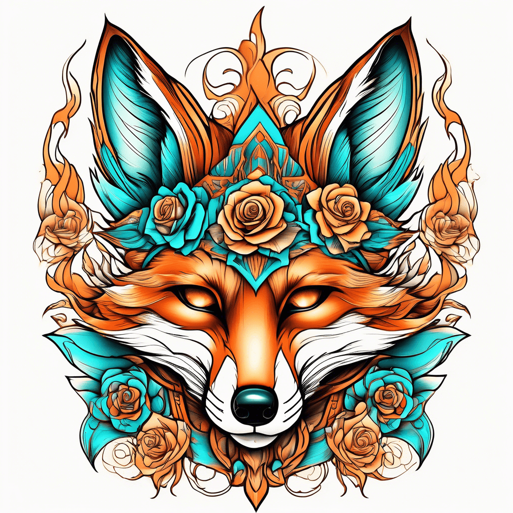 fox in color scheme of fiery amber and turquoise shaded with highlights and shadows