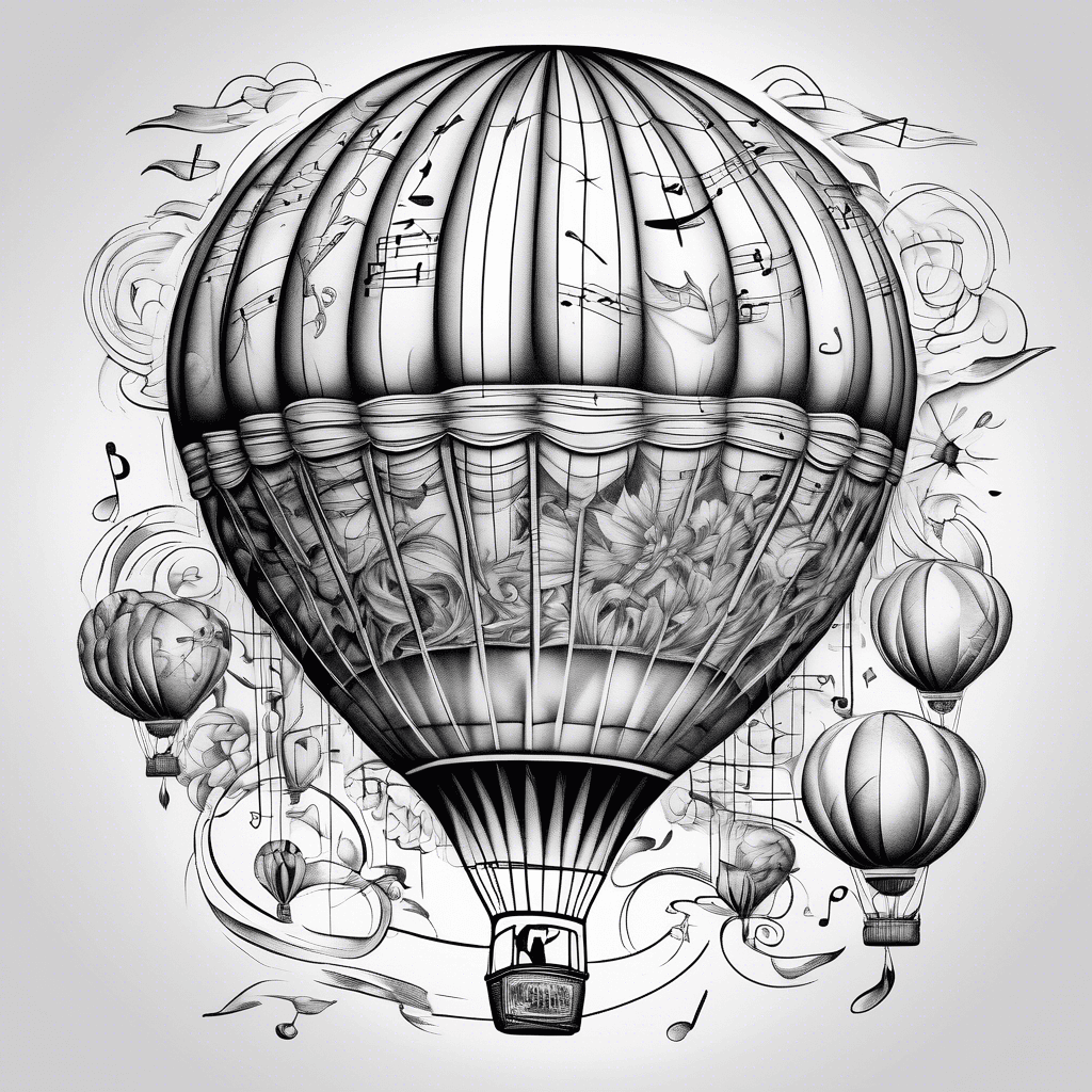 A whimsical hot air balloon sailing through a sky made of colorful musical notes, symbolizing freedom and creativity.