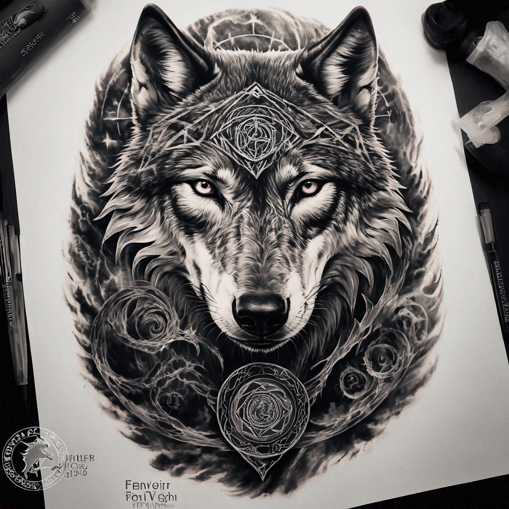 Medium size norse design Shoulder tattoo with wolf, name Fenrir above tattoo, under name date 6/25/2020