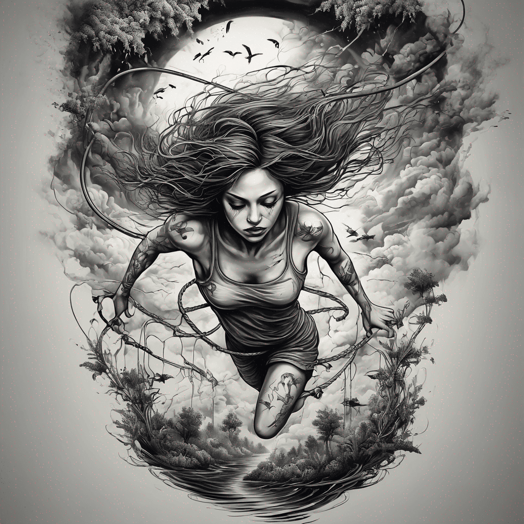 Woman bungee jumping over head first, water, flying through weather, sky elements, with vegetation below