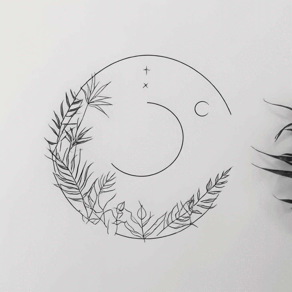 a minimalist circle with a moon and covered in tropical plants