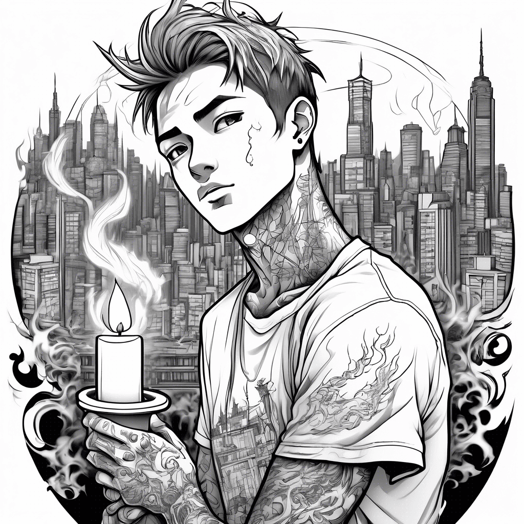 Young boy (anime style) obsessed by the flame of a candle, with a big city silhouetted behind him