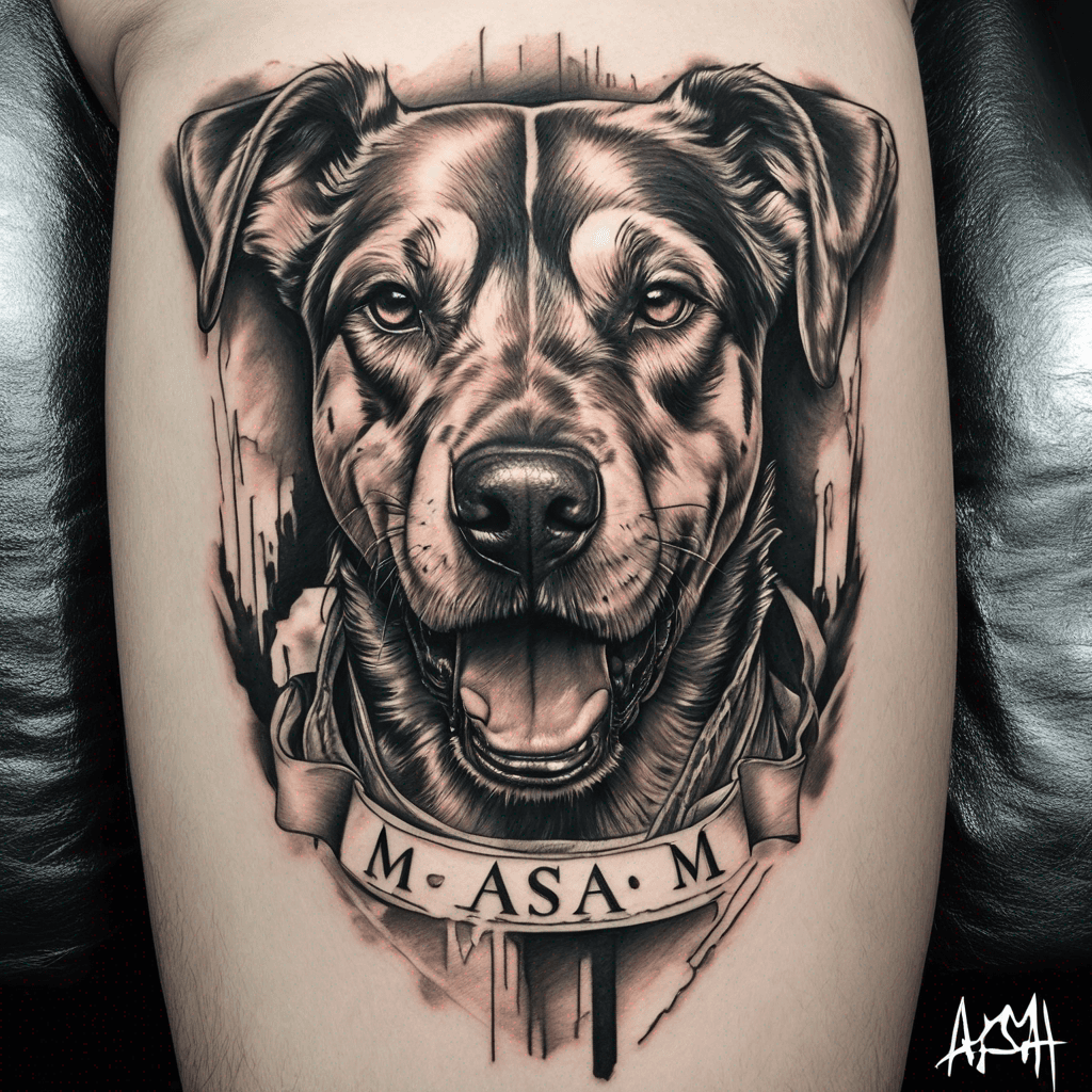 A dog with the words "AsA" and "M#1"