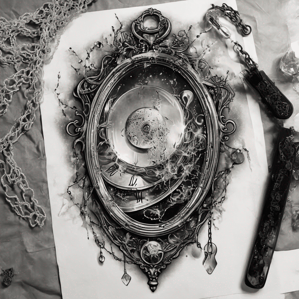 Surrealist underbust tattoo design featuring an empty vintage hand mirror with cracked, shattered glass. torn lace drapes around the mirror, light chains and dangling jewels hang below