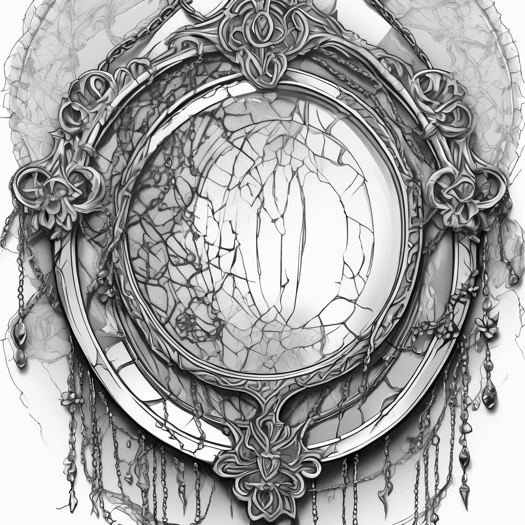 Shattered antique hand mirror with cracked glass, surrounded by torn lace and delicate dangling chains and jewels
