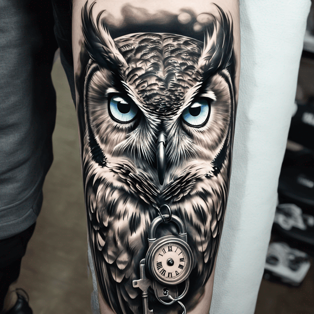 Owl with blue eyes with lock and key for man’s forearm