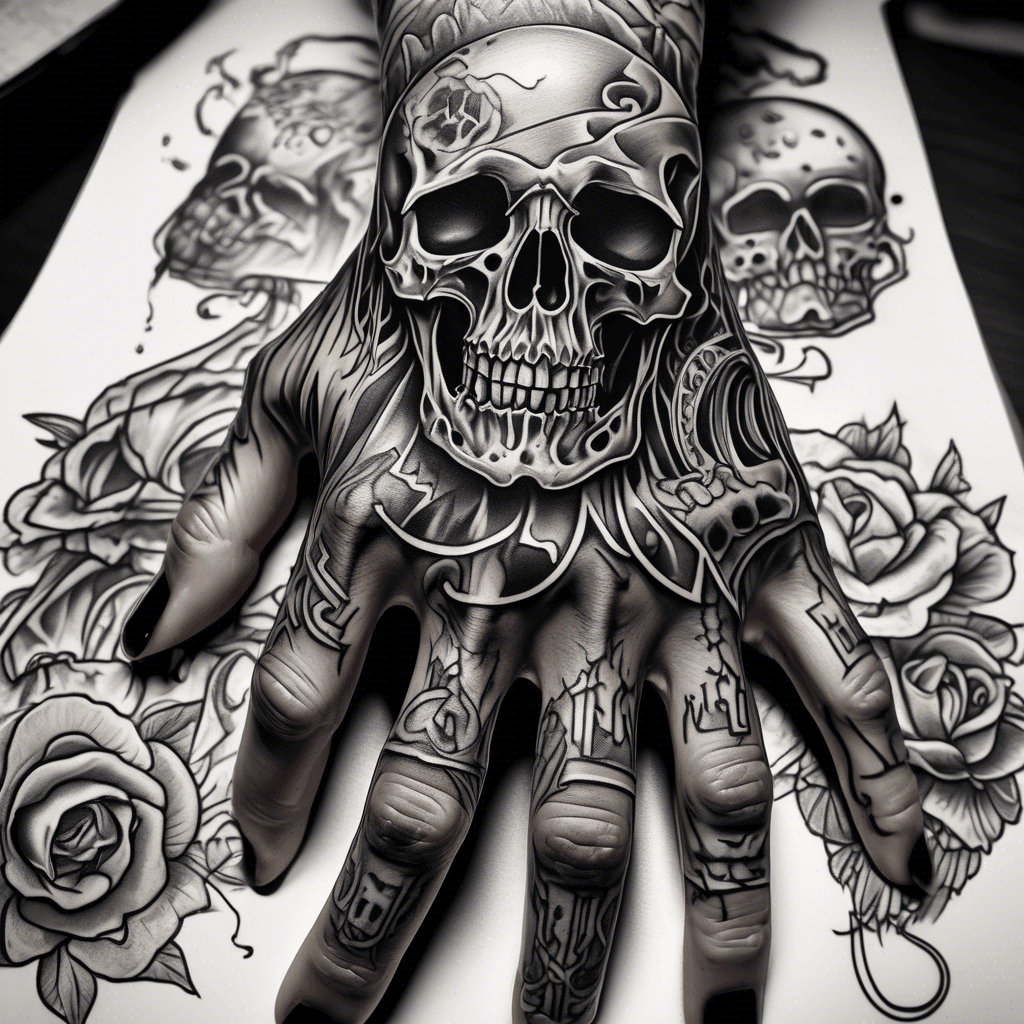 Blackout hand tattoo. Top of the hand has skulls and ghost death related design that face into the risk. The blackout on the fingers goes to the first knuckle, and a wedding band in black ink is on the ring finger.