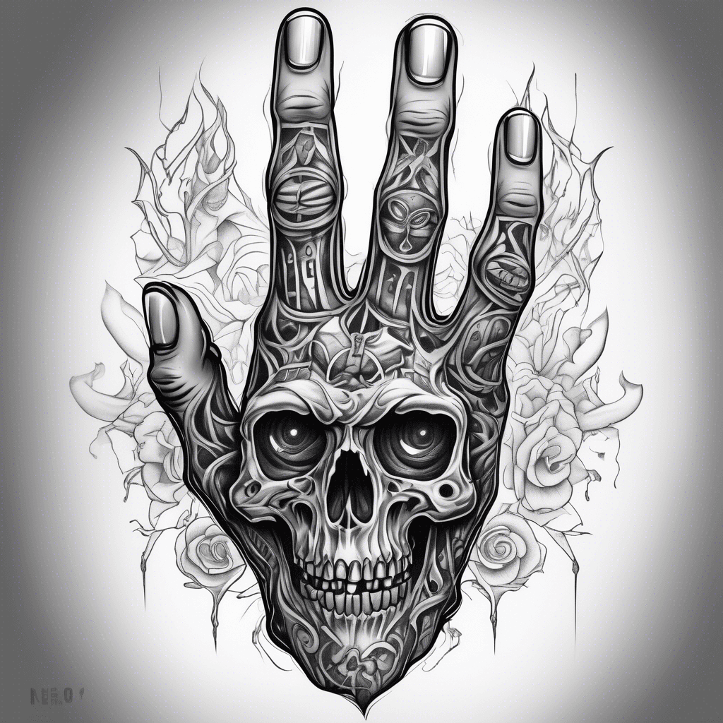 Full blackout hand tattoo. Top of the hand has skulls and ghost in white design that face into the risk. The blackout on the fingers goes to the first knuckle.