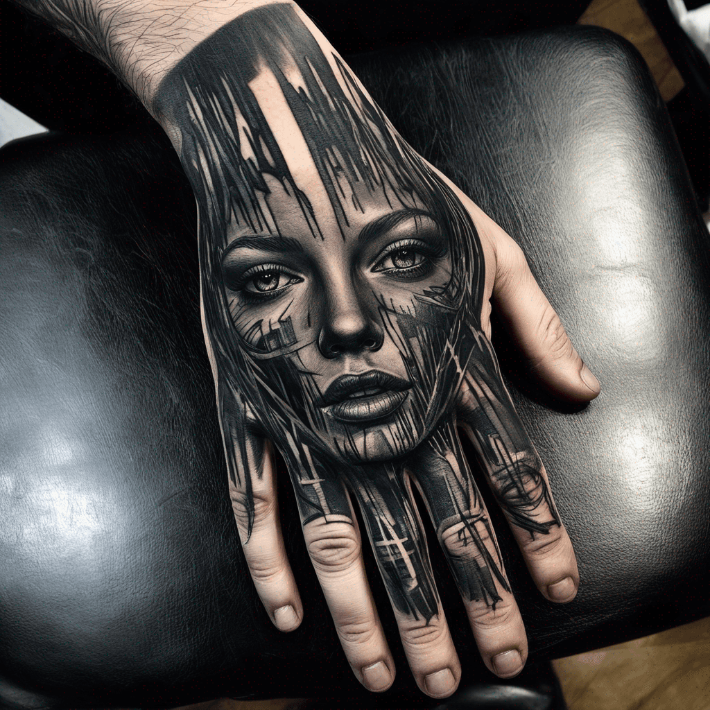 Full blackout hand tattoo. Top of the hand has and abstract design.
