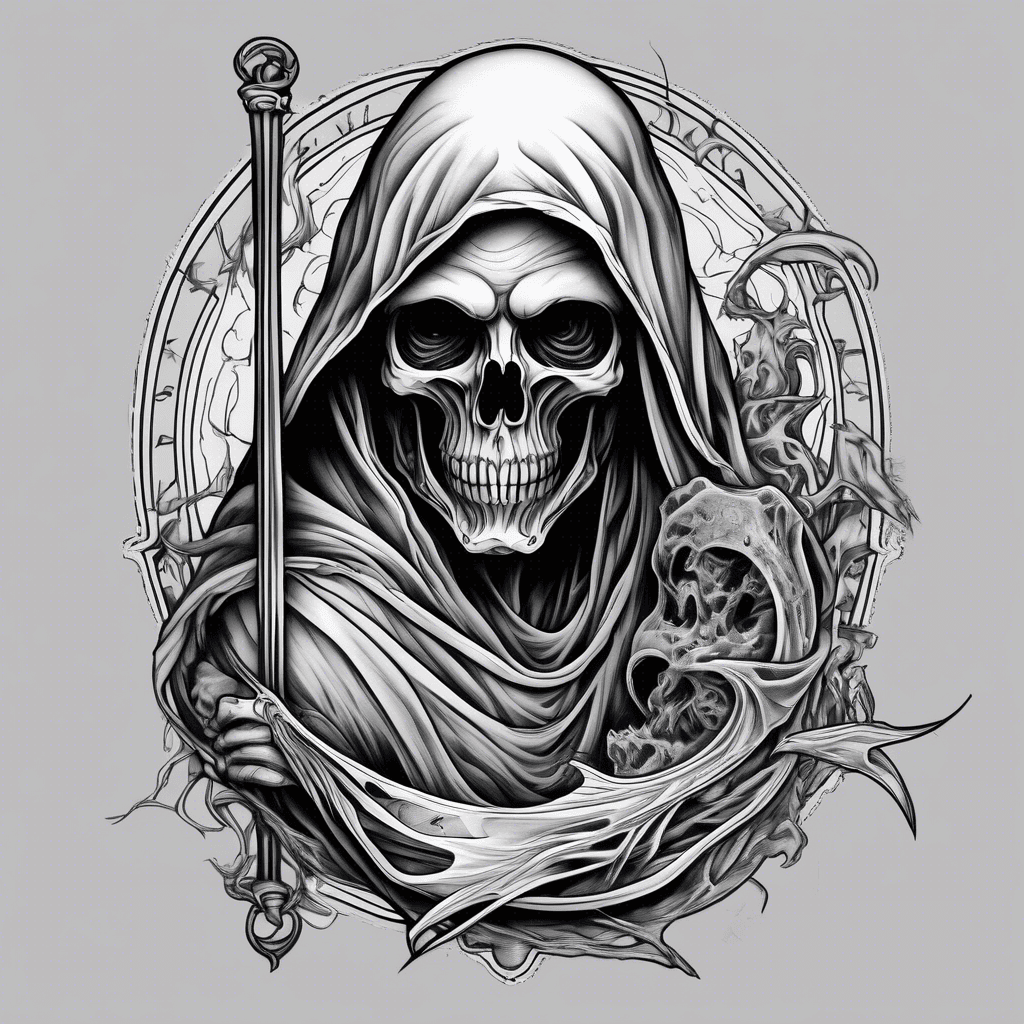 Grim reaper representing the father pisces representing the mother