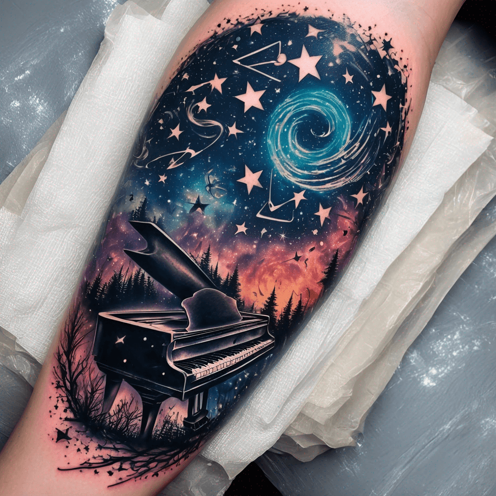 Stars sparkling in the dark sky with piano notes scattered around