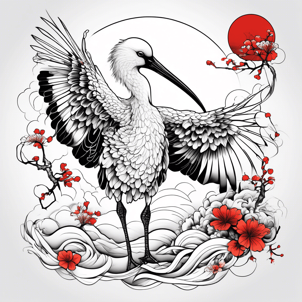 Sacred ibis, white, black and red. Black clouds in the background
